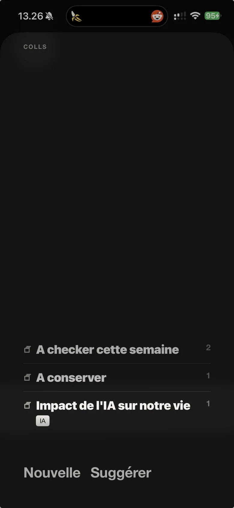 Les collections de TooMee — « À checker cette semaine », « À conserver », « Impact de l'IA sur notre vie » — avec les mots Nouvelle et Suggérer en bas.