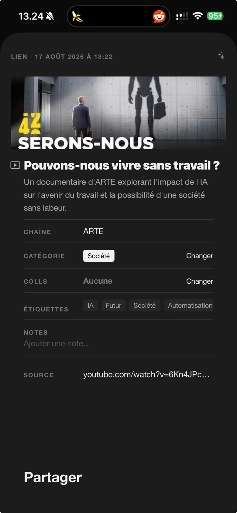 Le détail d'un Toom : l'aperçu de la vidéo, le résumé écrit par l'IA, la chaîne, la catégorie, les collections et les étiquettes.