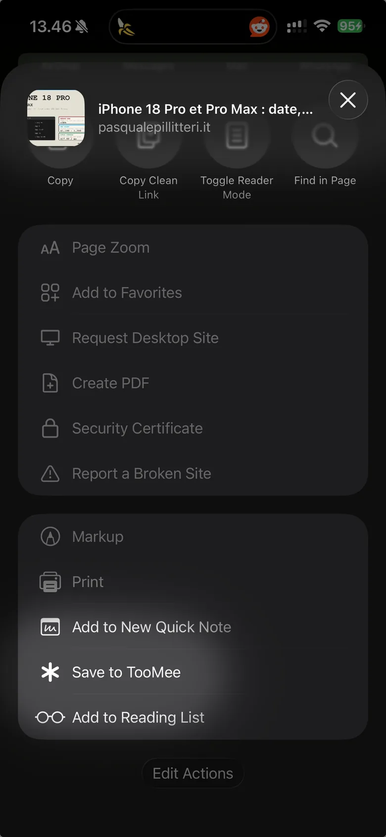 La liste d'actions de Safari, avec l'entrée « Save to TooMee ».