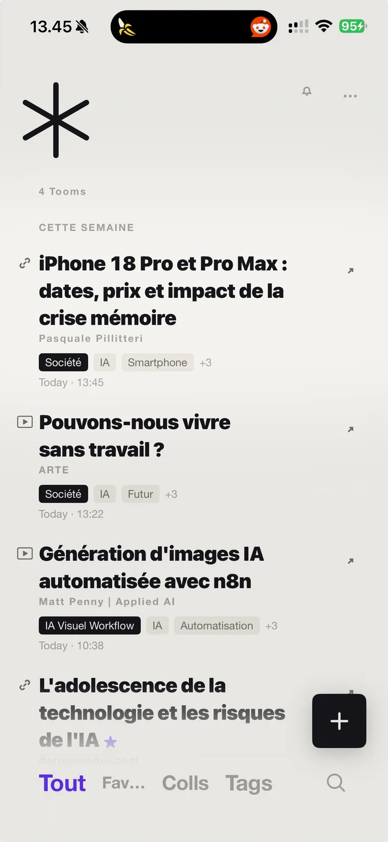 L'article sur l'iPhone 18 rangé dans TooMee : titre réécrit, auteur, catégorie Société et étiquettes.