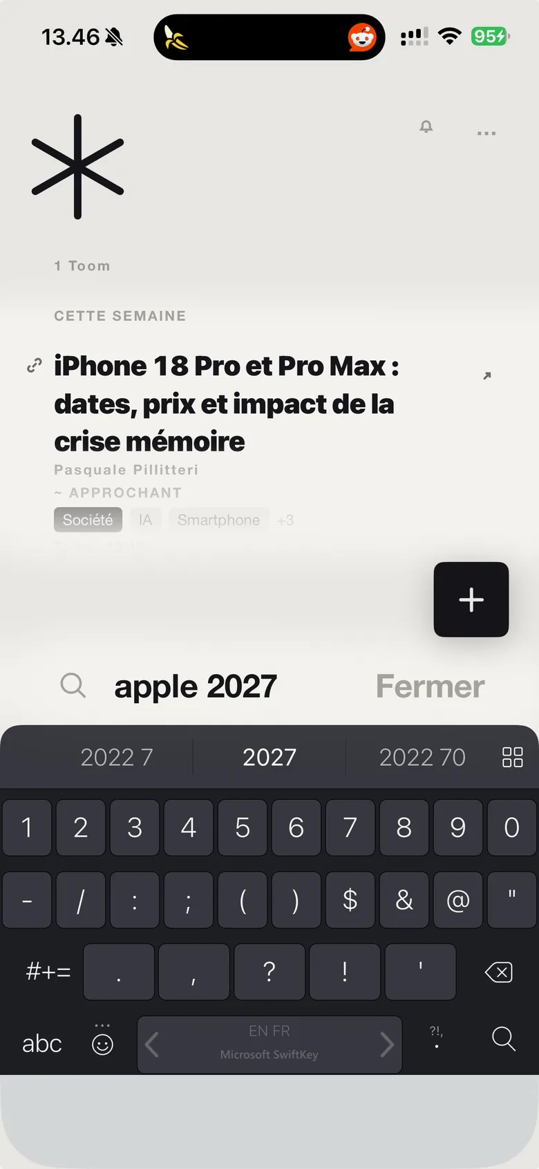 Recherche « apple 2027 » dans TooMee : l'article sur l'iPhone 18 remonte, marqué comme résultat approchant.