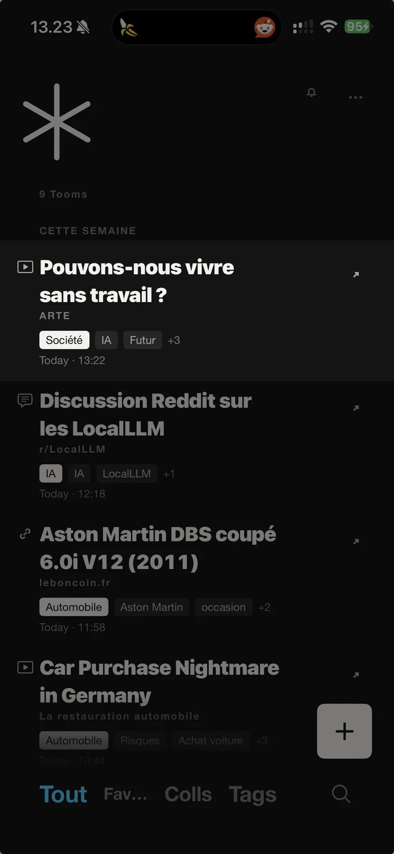 La bibliothèque TooMee : chaque élément avec son titre, sa catégorie et ses étiquettes.