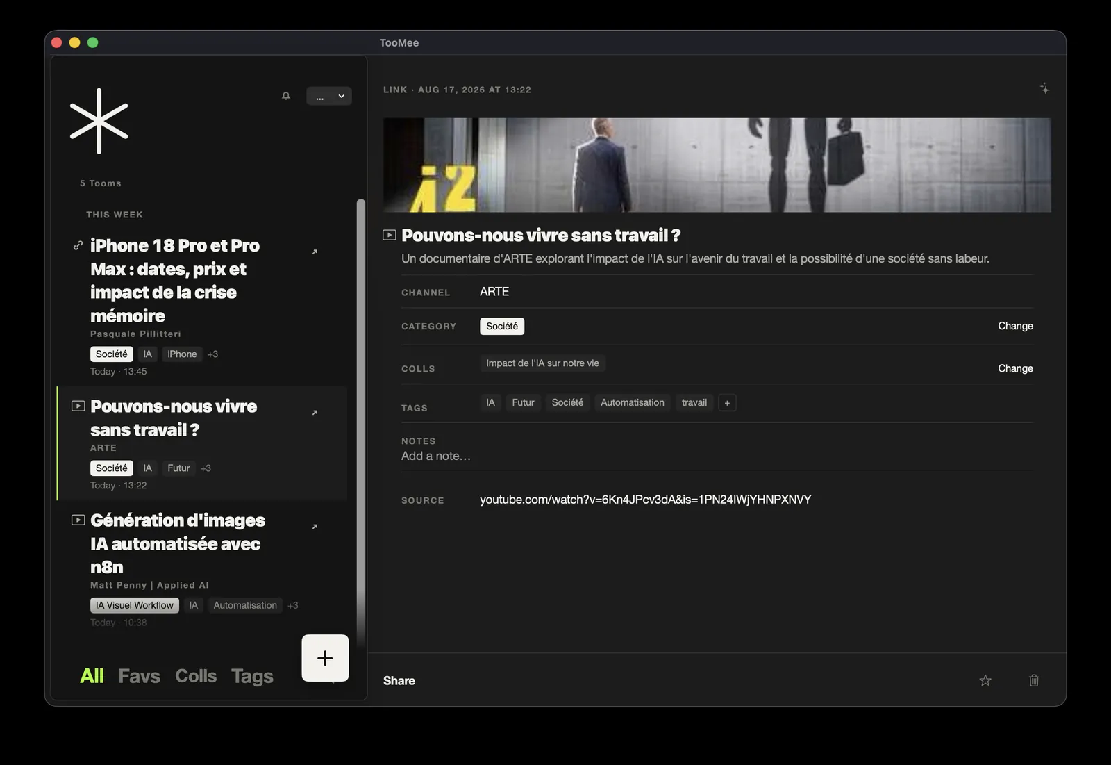 TooMee sur Mac : la liste des Tooms à gauche, le détail de l'élément sélectionné à droite, avec son aperçu, sa catégorie, sa collection et ses étiquettes.