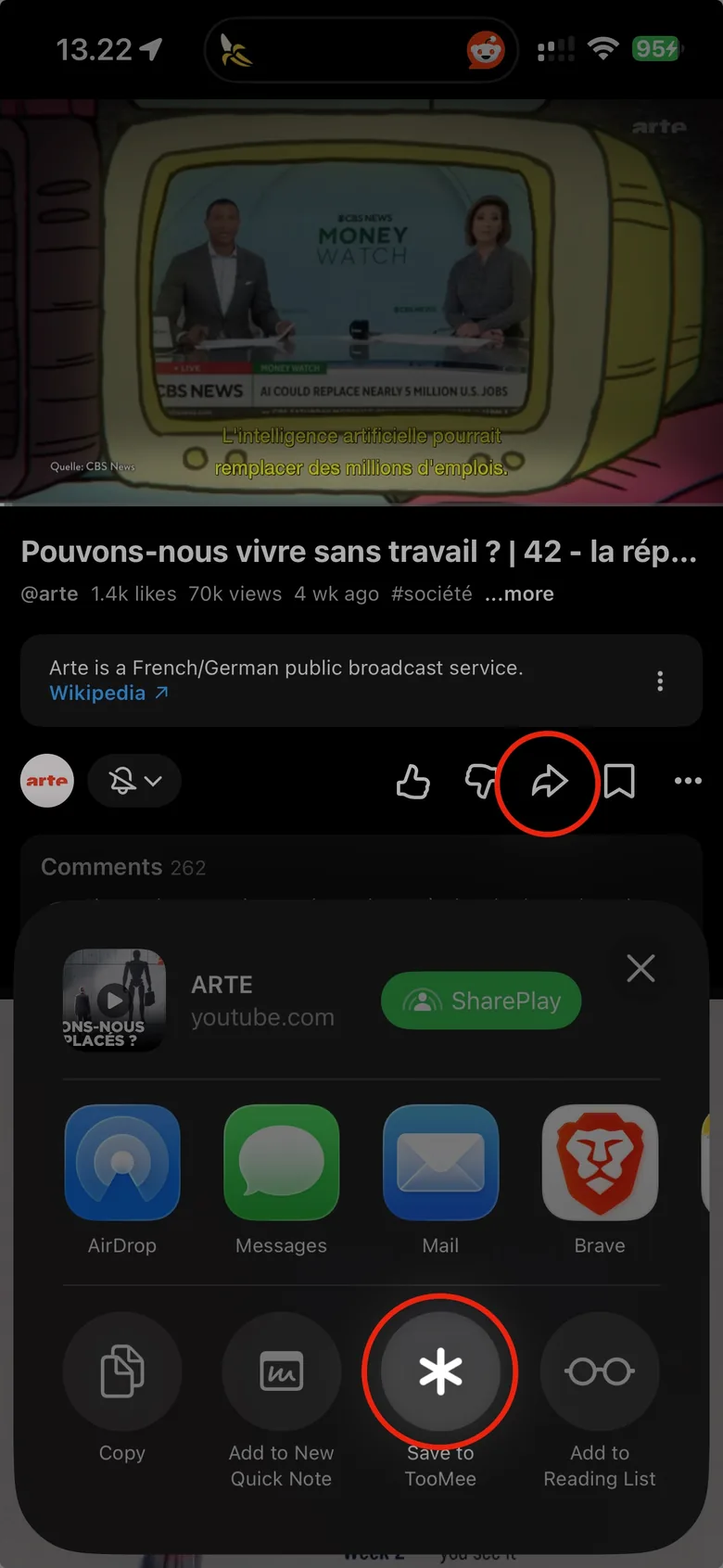 La feuille de partage d'iOS avec l'action « Save to TooMee ».