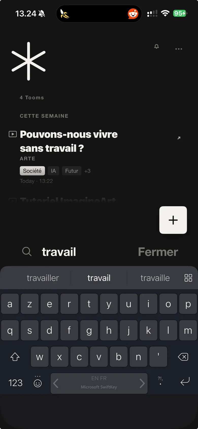 Recherche « travail » dans TooMee : les résultats s'affichent à mesure de la frappe.